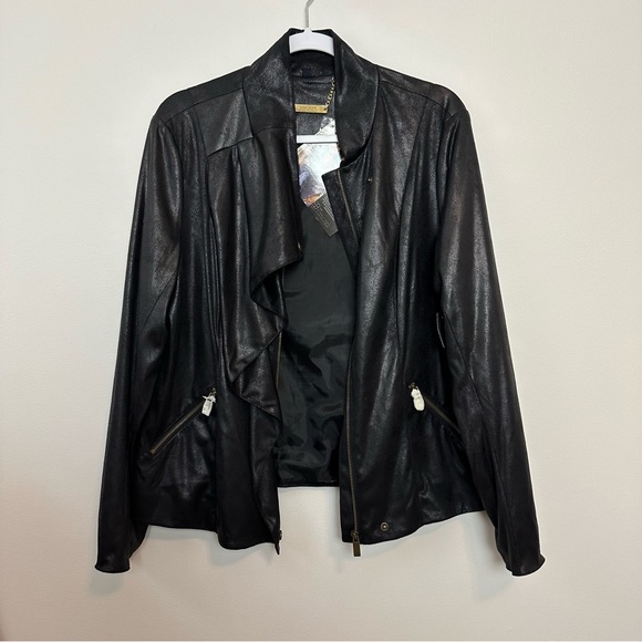 NWT IMAN Moto Jacket Faux Suede Fur Collar Zip Black Vegan Coat Large - Picture 11 of 13